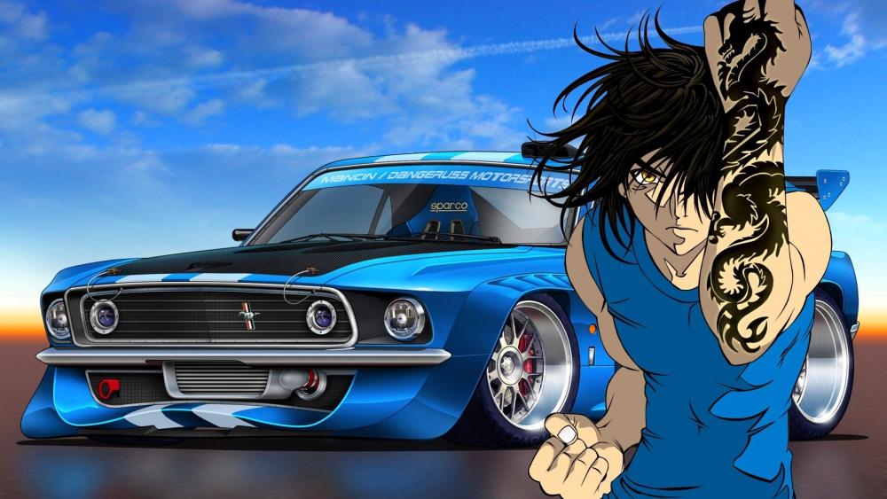 Tattooed Anime Racer with Mustang wallpaper