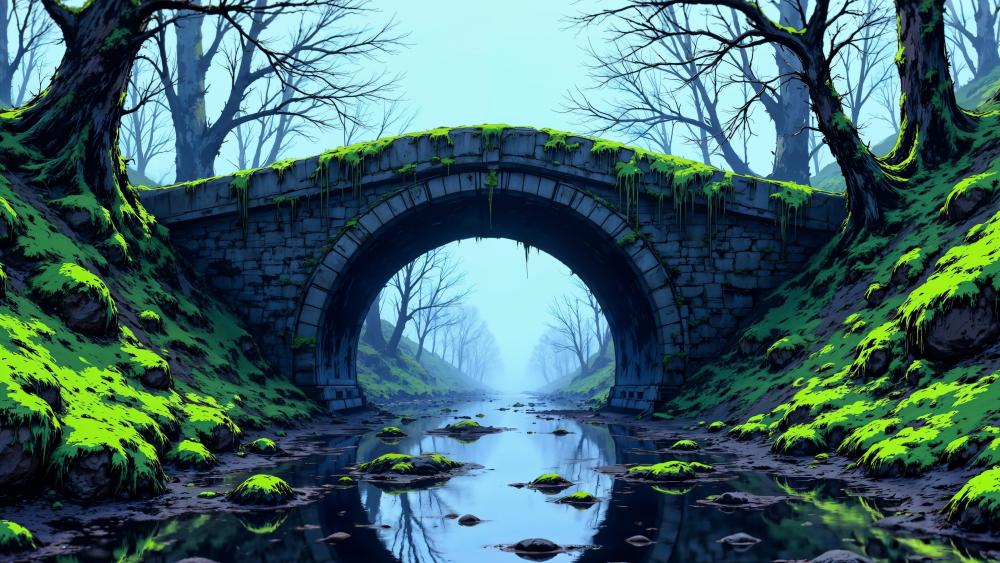 Ancient Bridge in Misty Forest wallpaper
