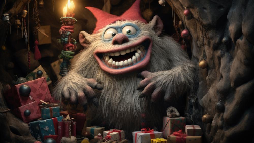 Festive Grinning Monster in Christmas Cave wallpaper