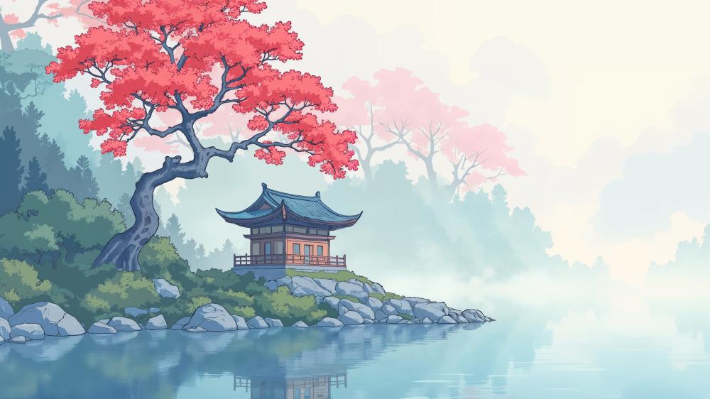 Serene Pagoda by the Misty Lake wallpaper