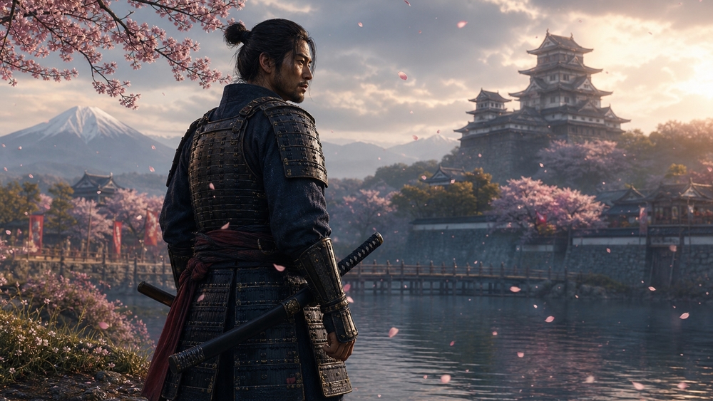 Ronin at Dawn Beneath Cherry Blossoms wallpaper