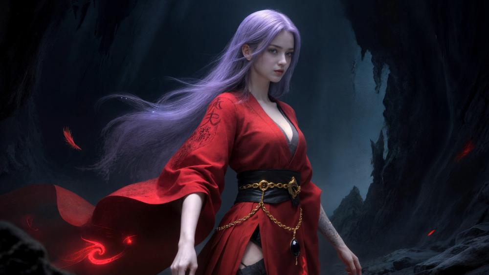 Purple Haired Sorceress in Crimson wallpaper