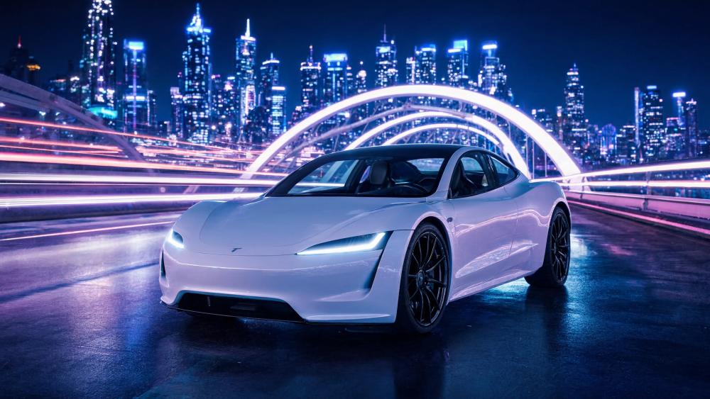 Tesla Roadster Neon Skyline wallpaper