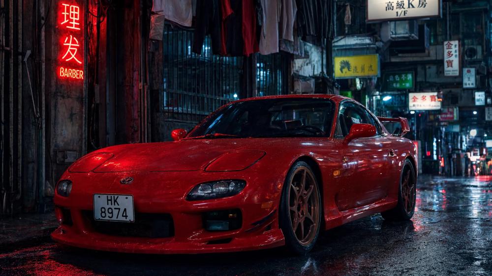 Neon Red RX7 in Rainy Street Glow wallpaper
