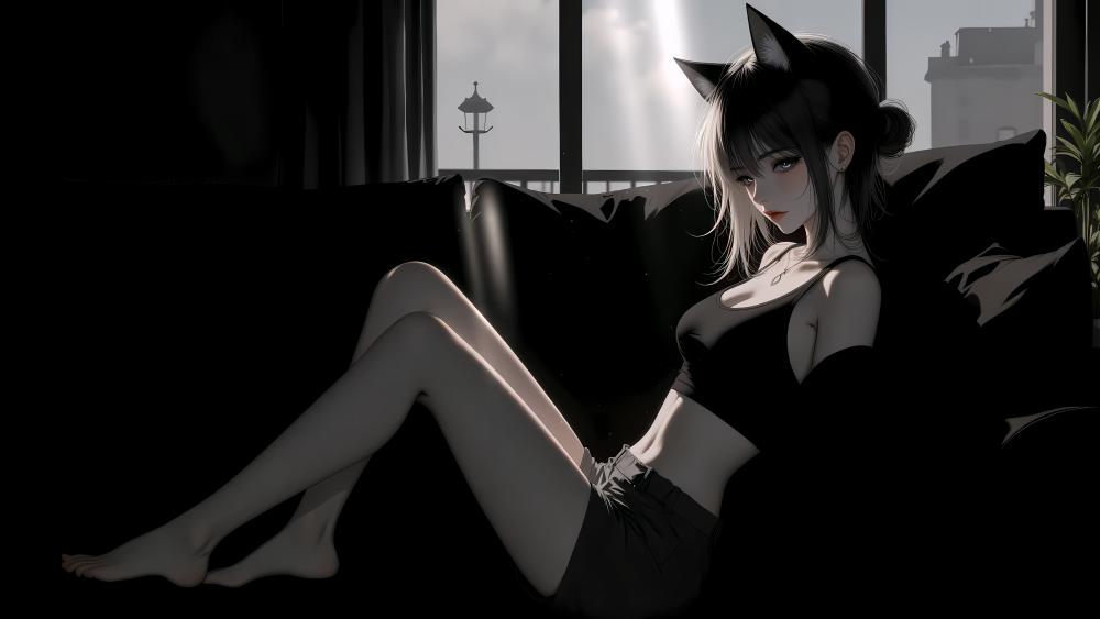 Moody Neko Girl in Sunlit Shadows wallpaper