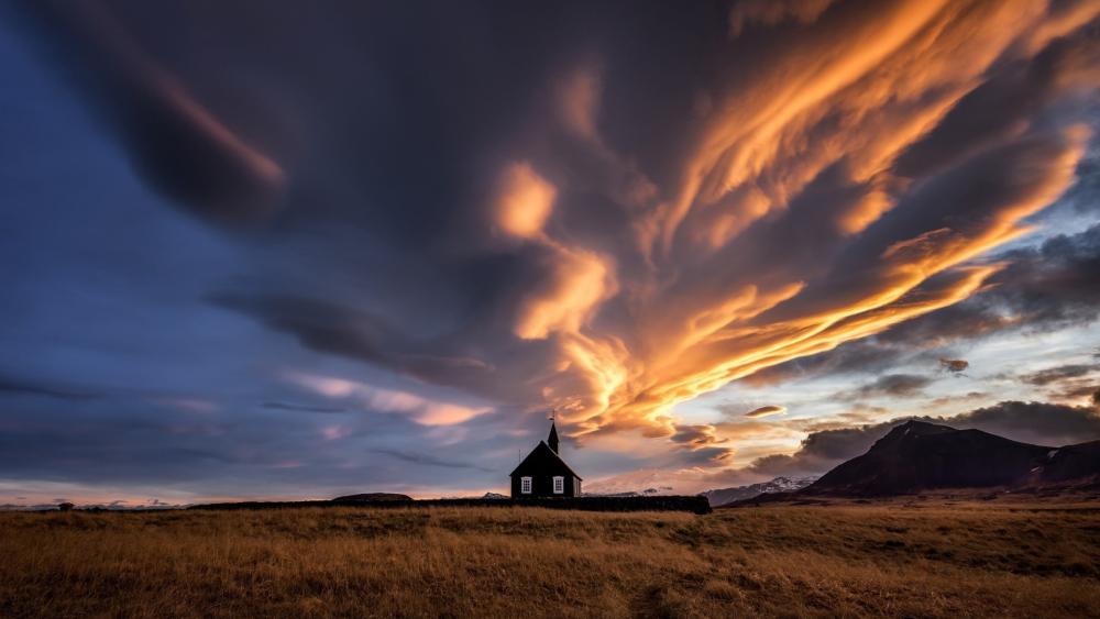 Buddakirkja at Fiery Icelandic Dusk wallpaper