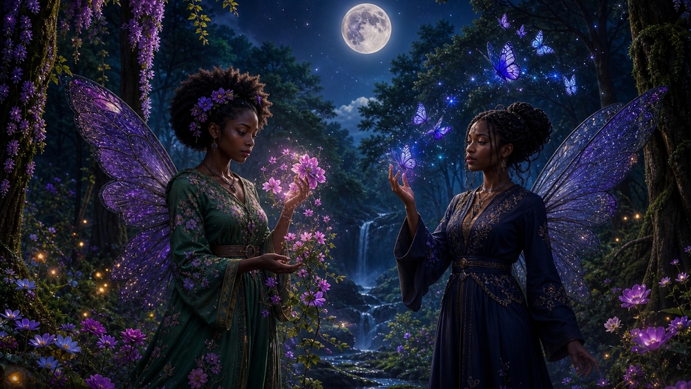 Moonlit Fairy Sisters in the Enchanted Forest wallpaper
