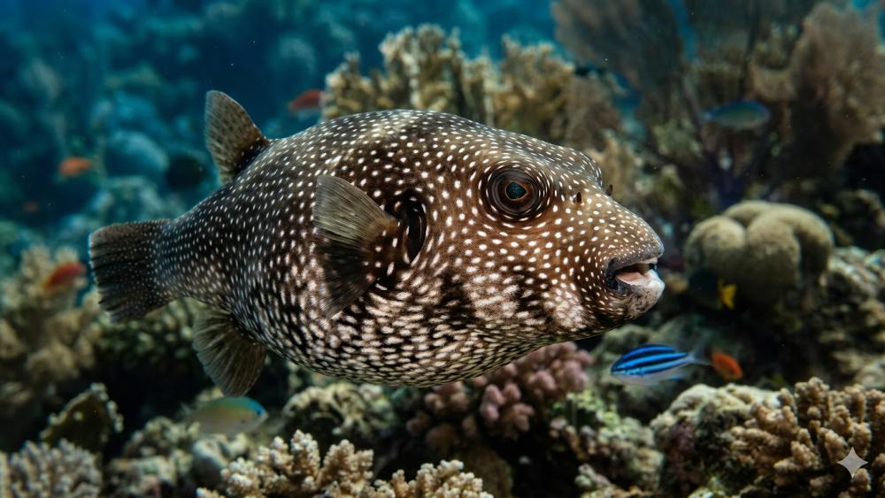 Spotted Pufferfish Over Coral Reef wallpaper