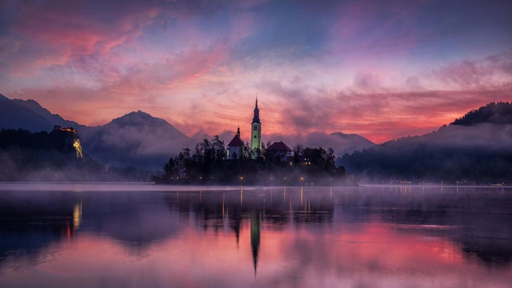 Dreamy Lake Sunrise Over Mountain Island wallpaper