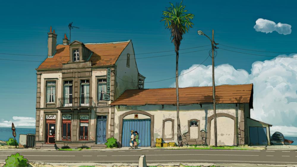 Sunlit Nostalgic Anime Village Street wallpaper