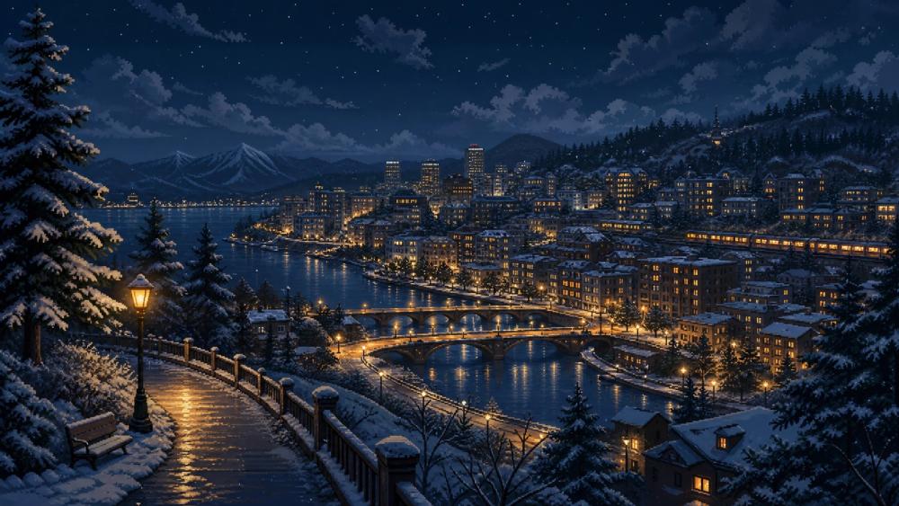 Winter Bay City Under Starlit Skies wallpaper