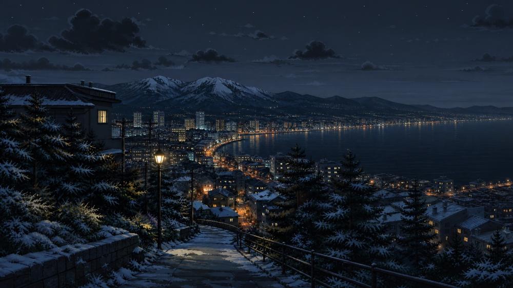 Snowy Bay Nightfall Panorama wallpaper