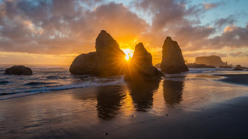 Golden Sunset Over Bandon Sea Stacks wallpaper
