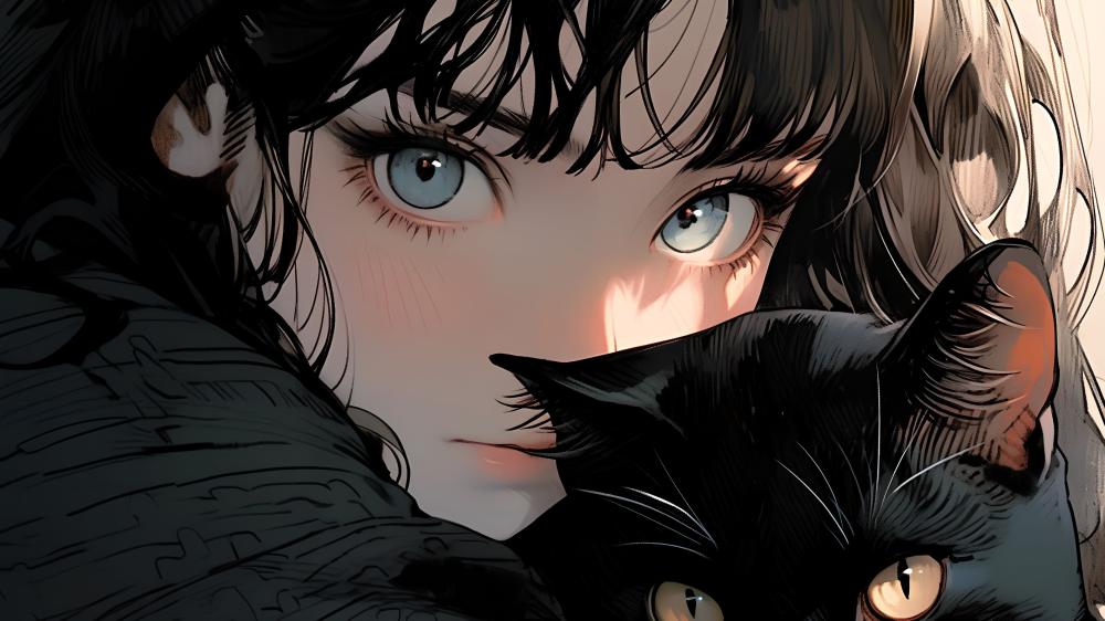 Midnight Gaze with Black Cat wallpaper