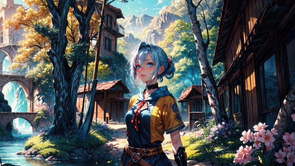 Blue Haired Traveler in a Sunlit Village wallpaper
