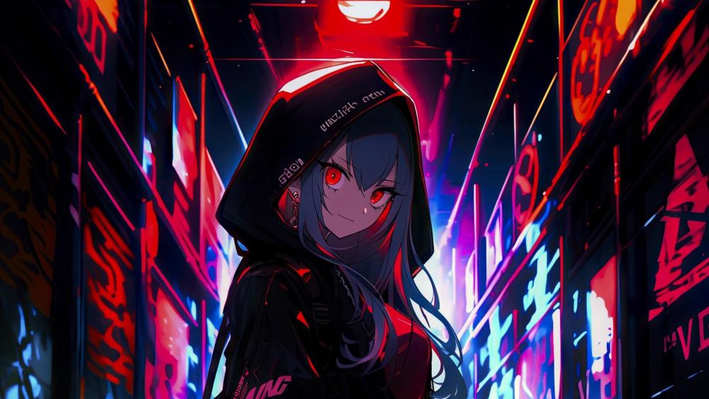 Neon Hooded Cyberpunk Girl wallpaper