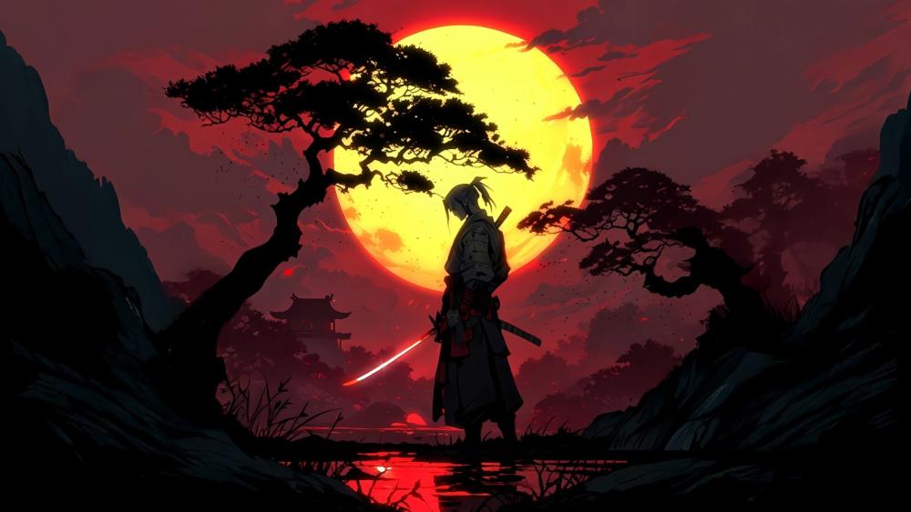 Blood Moon Ronin Silhouette wallpaper
