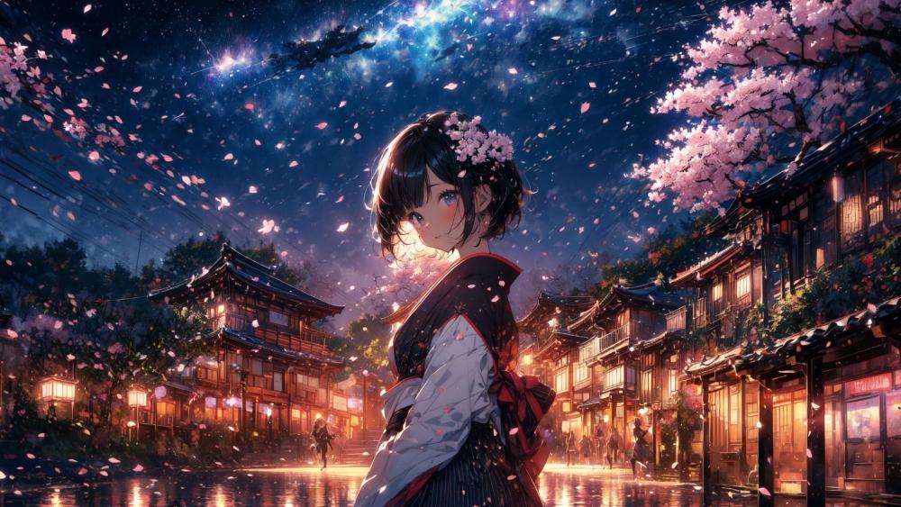 Moonlit Sakura Streets wallpaper