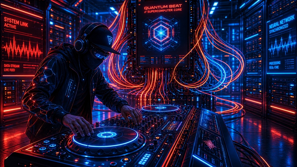 Neon Cyberpunk DJ in Quantum Sound Lab wallpaper
