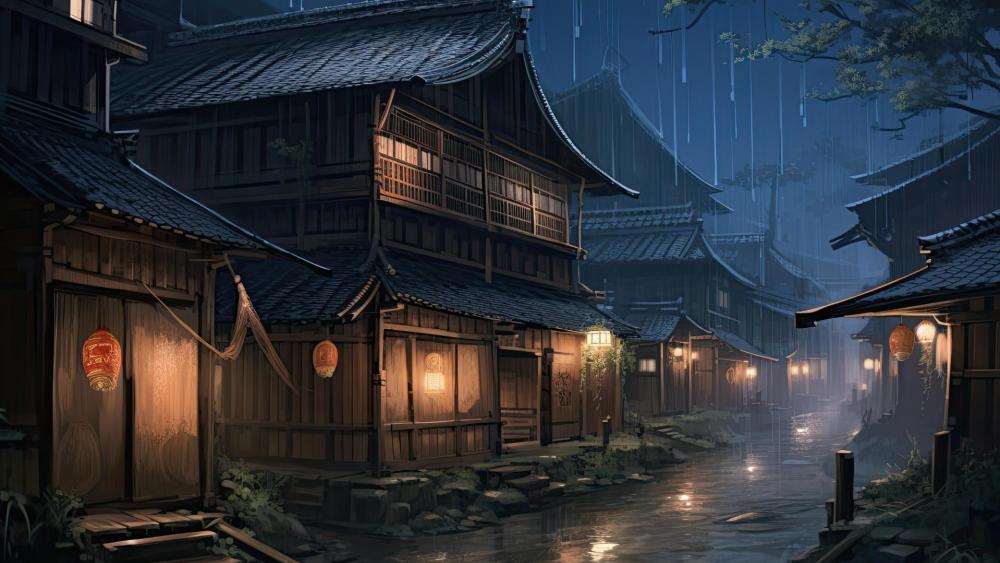 Rainlit Lantern Village wallpaper