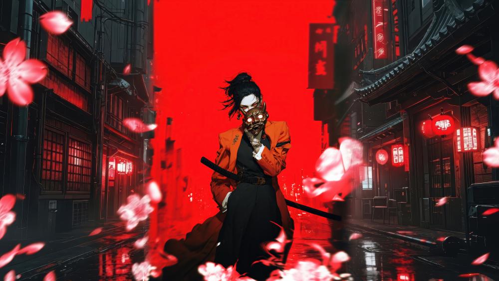 Crimson Oni Samurai of the Neon Night wallpaper