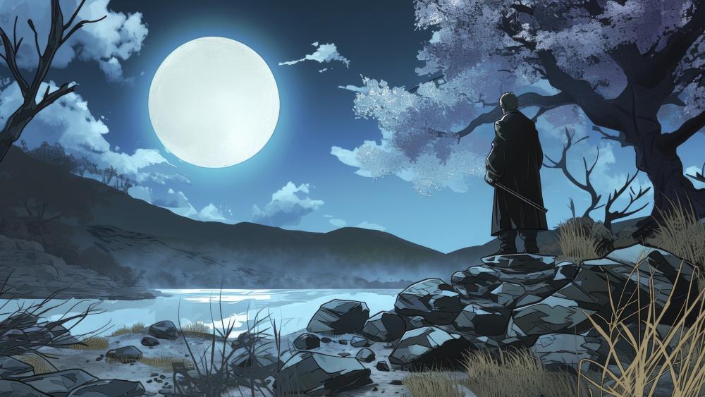 Moonlit Wanderer by the Silent Lake wallpaper