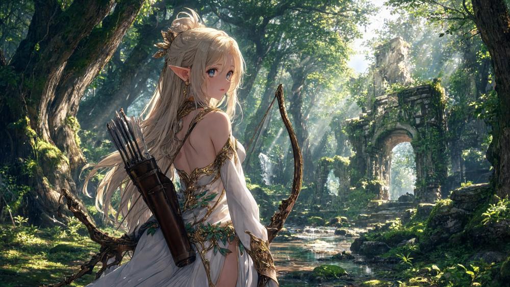 Ethereal Elf Guardian in the Sunlit Forest wallpaper