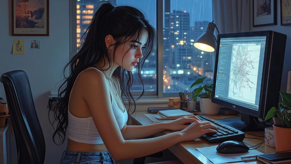 Rainy Night Coding Focus wallpaper