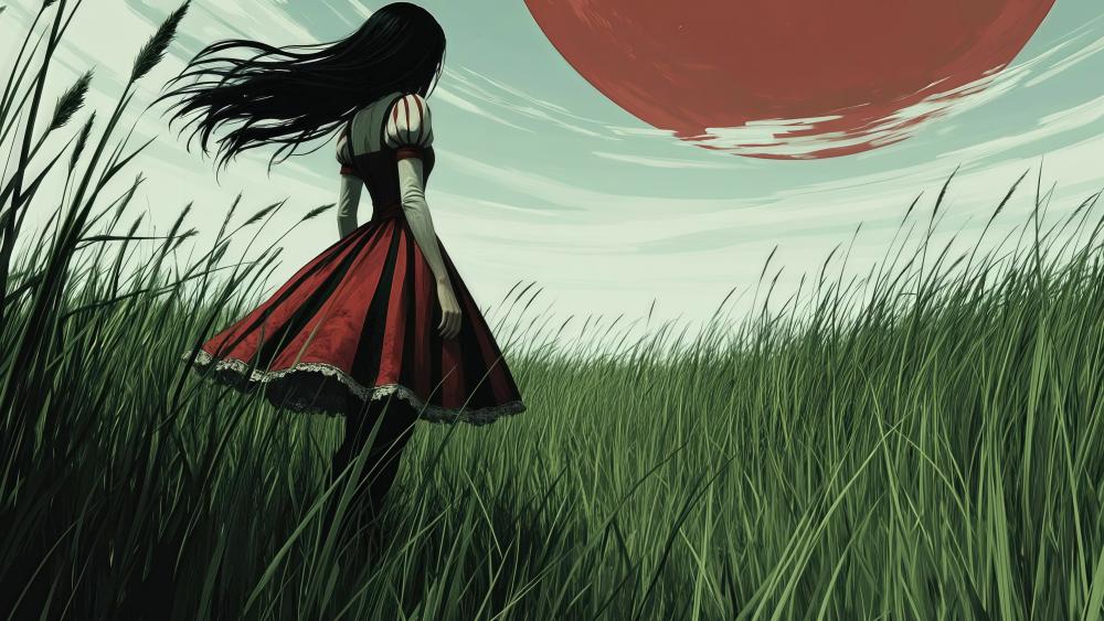 Windblown Girl in Crimson Field wallpaper