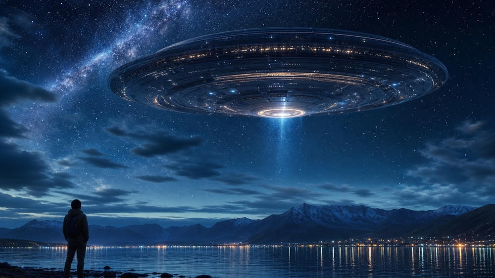 Mystic UFO Over Starry Night Lake wallpaper