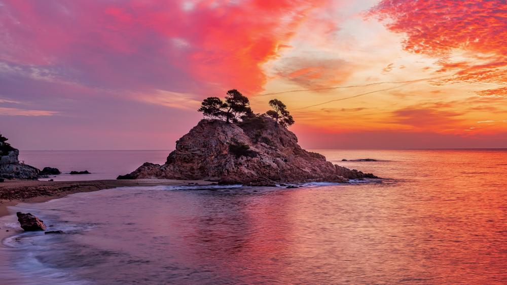 Burning Sunset Over Coastal Rocks wallpaper
