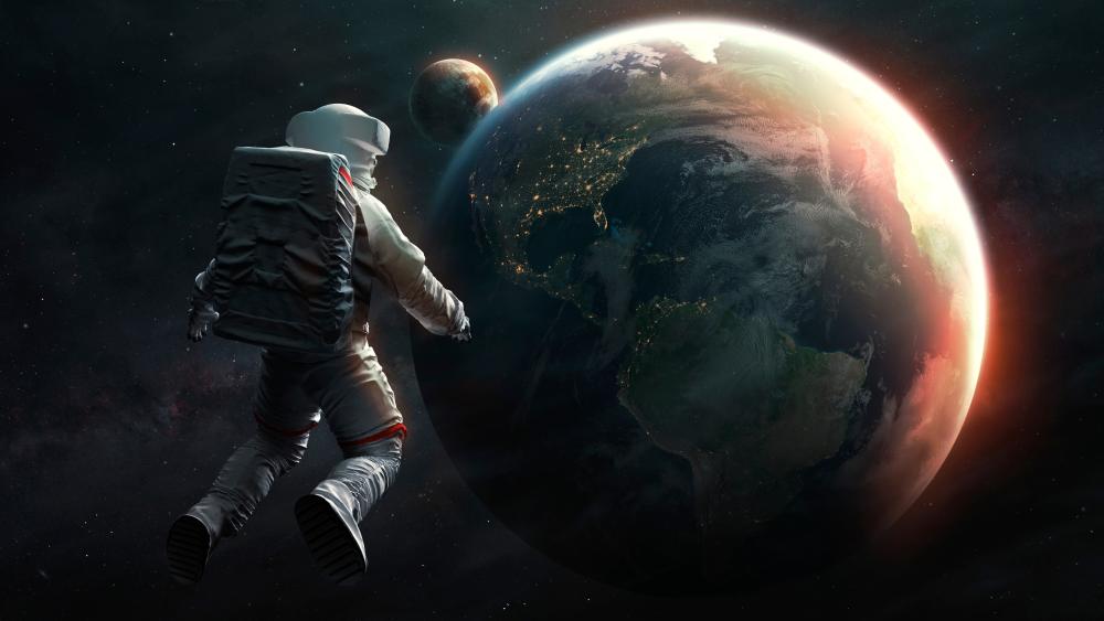 Astronaut Drifting Beside Earth in Deep Space wallpaper