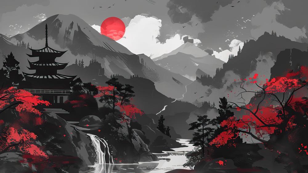 Red Sun Over Silent Pagoda Valley wallpaper