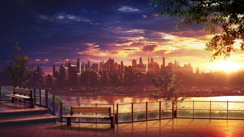 Golden Hour Over Anime City Skyline wallpaper