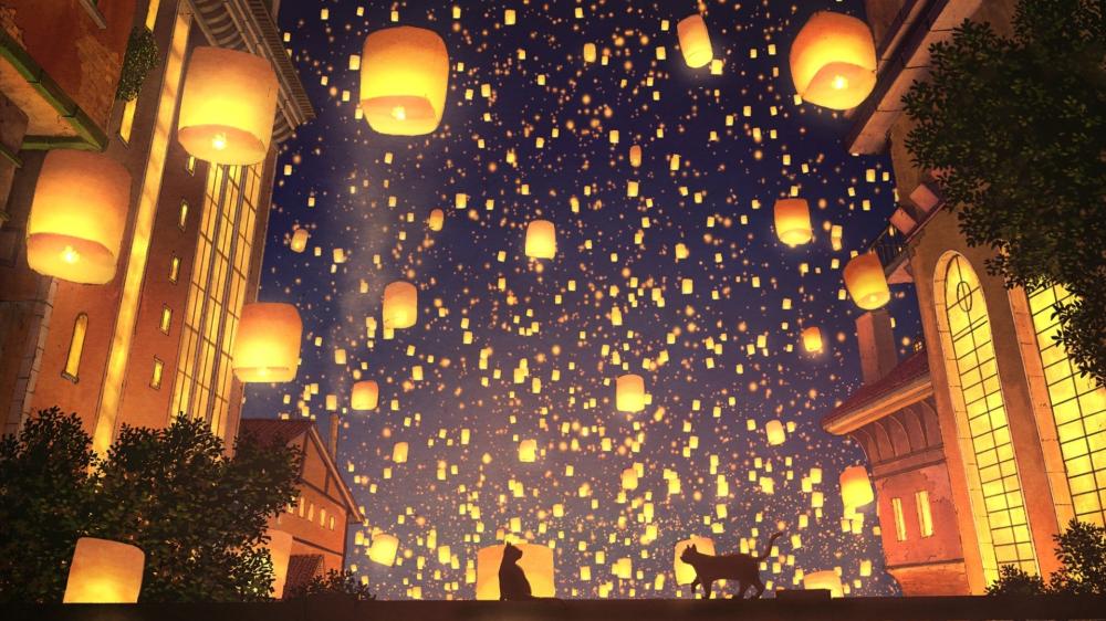 Lantern Dreams Over the Anime City wallpaper