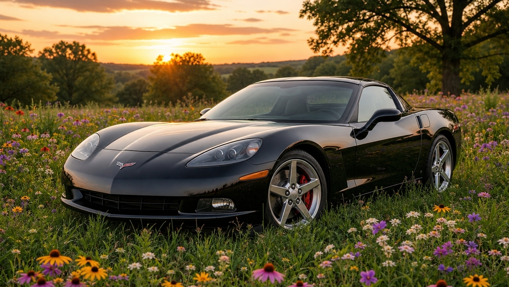 Sunset Corvette in Wildflower Meadow wallpaper