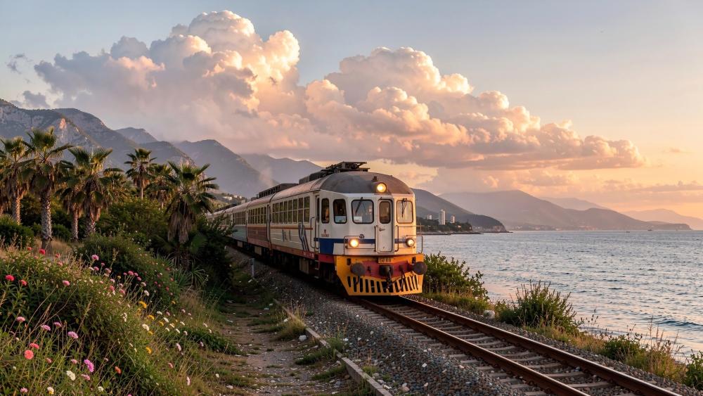 Coastal Train at Sunset wallpaper