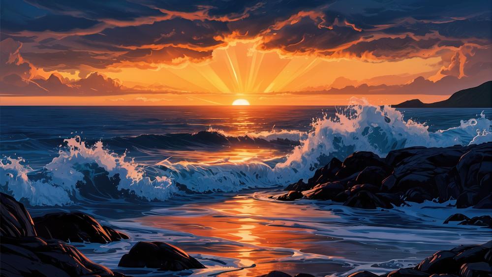 Anime Sunset Waves Over a Golden Coast wallpaper