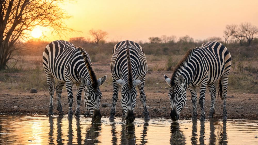 Sunset Zebra Herd at the Waterhole wallpaper