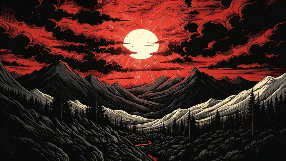 Crimson Eclipse Over Dark Mountains wallpaper
