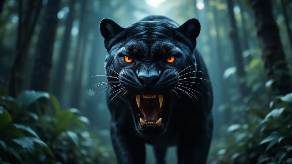 Fierce Black Panther in Mystic Forest wallpaper