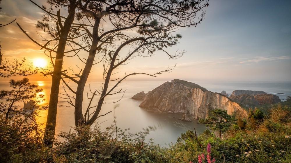 Golden Coastline Sunset Over Quiet Sea wallpaper
