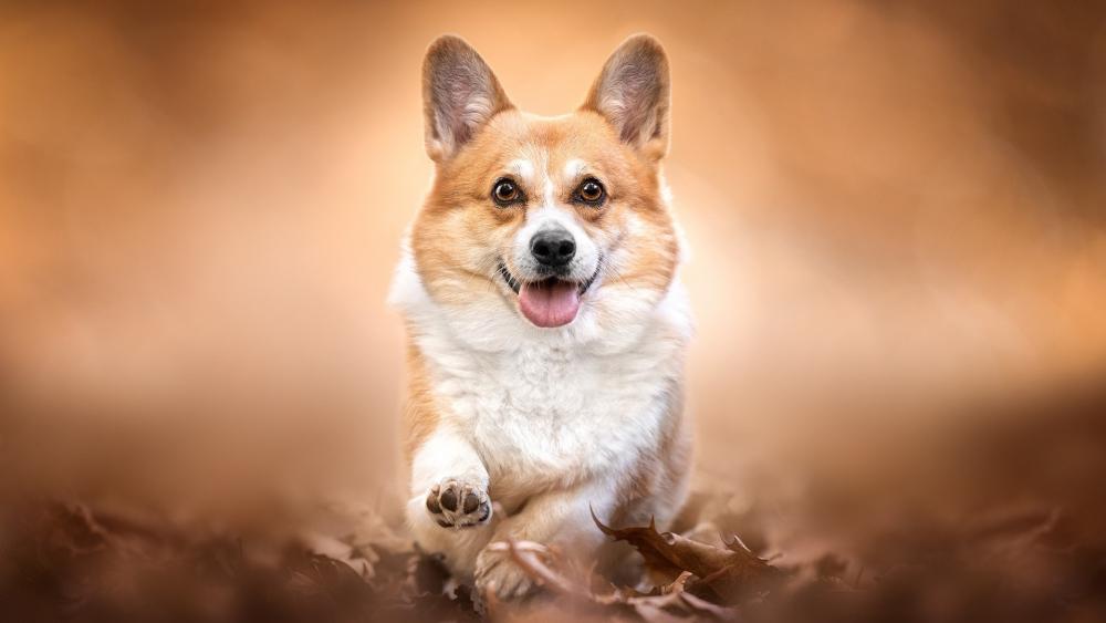 Playful Corgi Running Through Autumn Leaves wallpaper