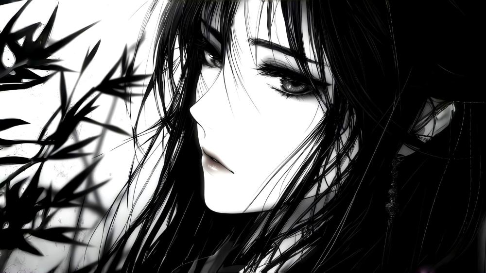 Ethereal Monochrome Anime Portrait wallpaper