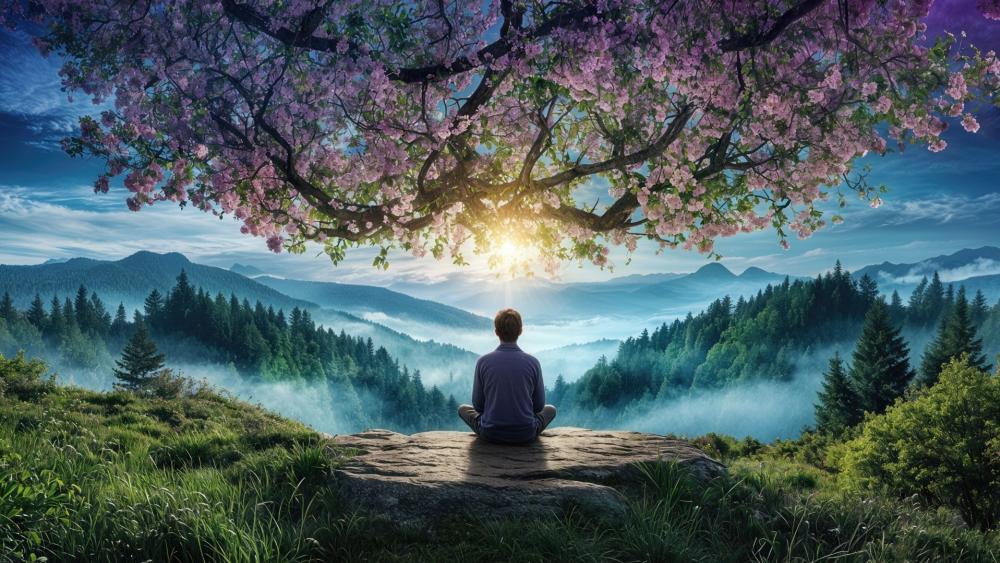 Serene Blossom Meditation Over Misty Mountains wallpaper