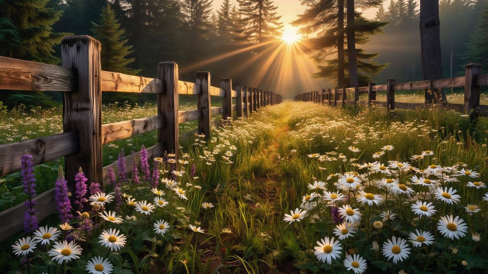 Golden Meadow Sunbeams Along a Rustic Fence wallpaper