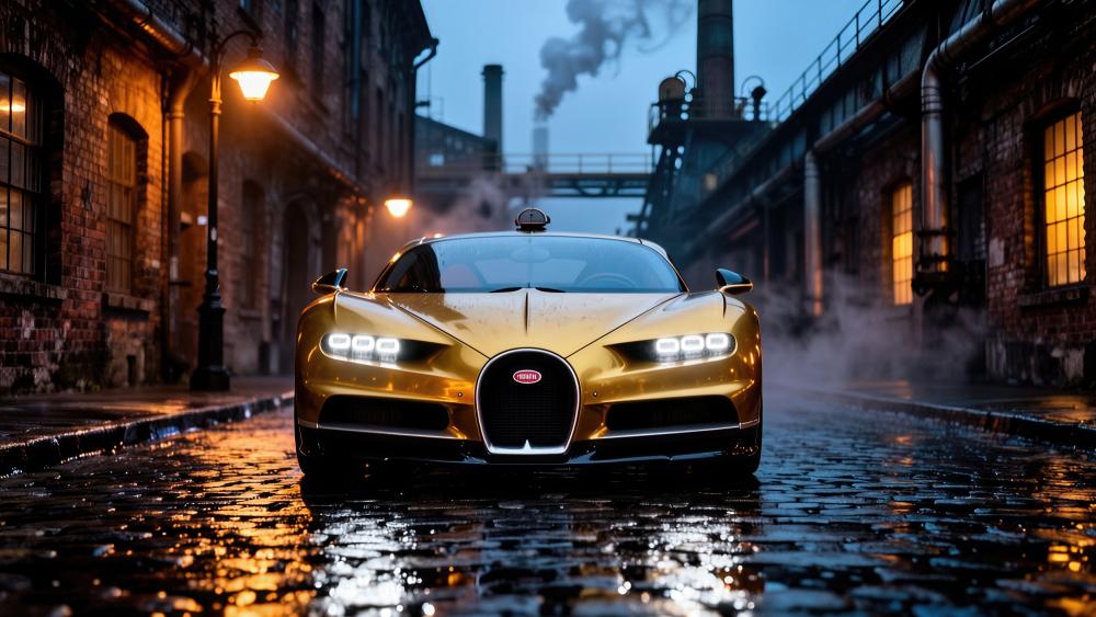 Golden Bugatti Chiron on Rainy Cobblestone Street wallpaper