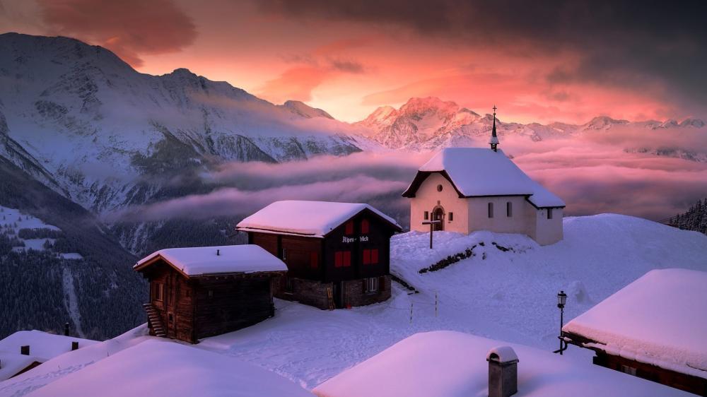 Sunset Over Bettmeralp Village wallpaper