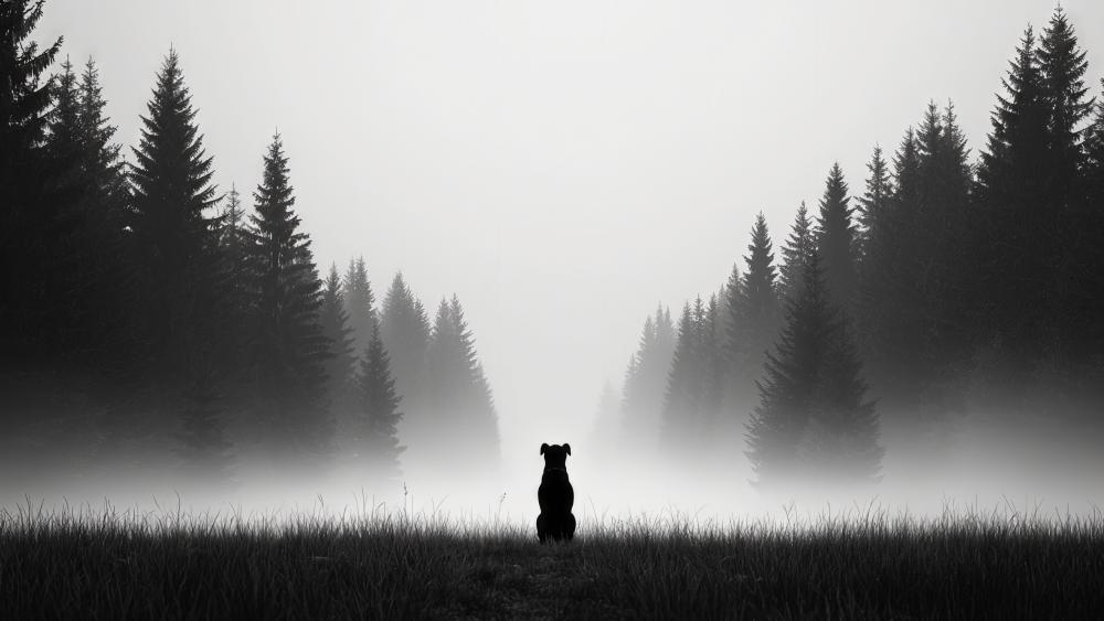 Lonely Dog in Misty Forest wallpaper