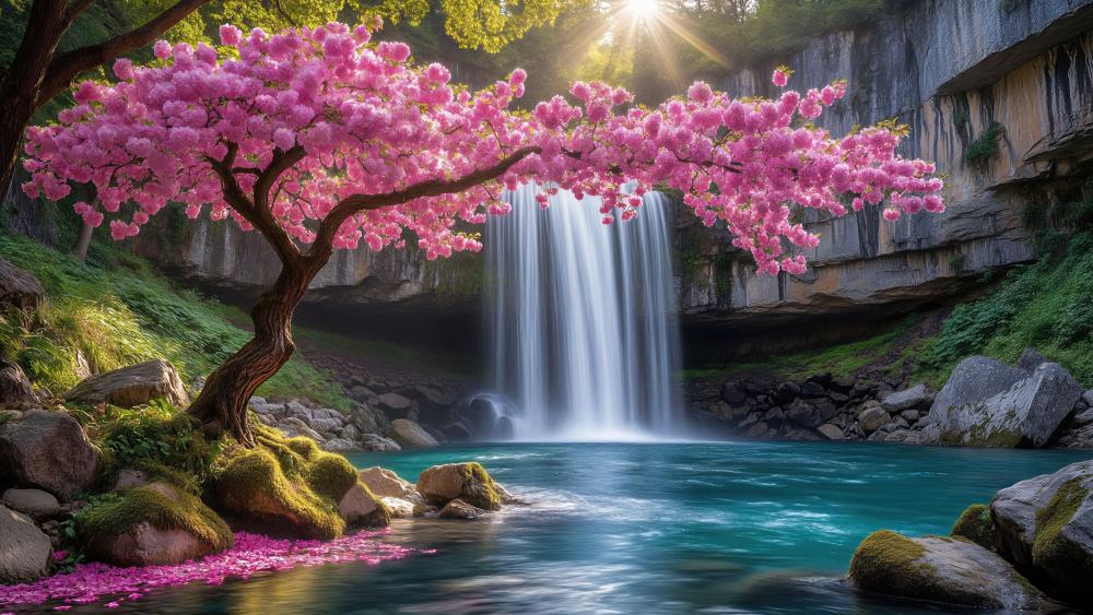 Enchanted Waterfall Beneath Pink Blossoms wallpaper